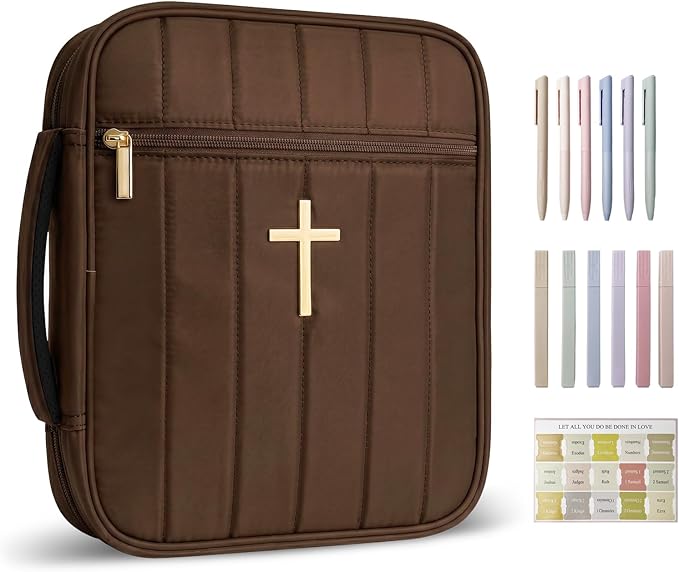 Wuflyover Bible Bag for Women with Study Set, Quilted Bible Cover Case with Handle, Bible Carrying Case for Church, Tabs, Notes, Pens and Highlighters, (Brown+Study Accessories)