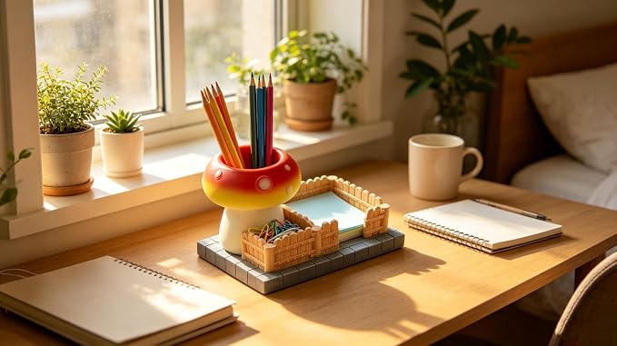 Mushroom Desk Organizer Resin 3 Compartments Pen Holder Cute Office Desk Accessories with Sticky Note Paperclip Holder for Home School Office Decor