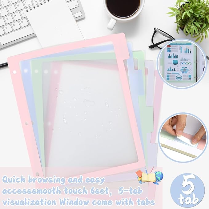 30PCS/6 Set 3 Ring Binder Dividers with 5 Tabs Color Page Dividers for 3 Ring Binder with Tabs 11.5×8.5inch Clear Folder Divider 3 Ring File Dividers Tabbed Index Dividers for School Office (Pastel)