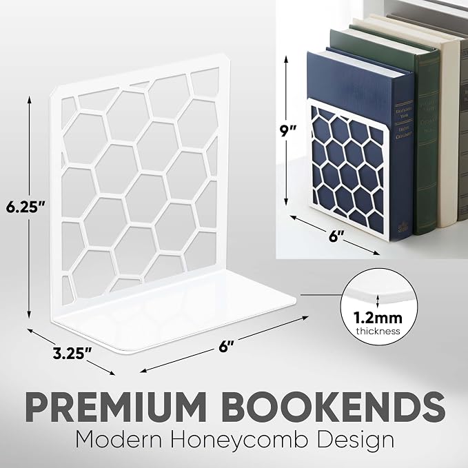 White Geometric Honeycomb Metal Bookends - Book Ends for Shelves - Decorative Modern Heavy Duty Bookend Stopper - Book Ends for Heavy Books - Home Office Book Holder - 1 Pair, 6x3.25x6.25 in