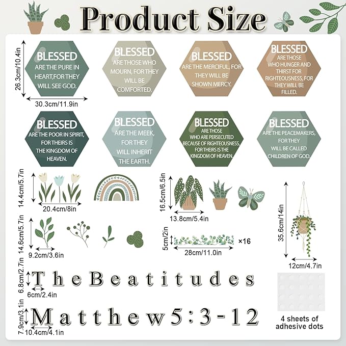 QOUBAI Christian Bulletin Board Decoration The Beatitudes Matthew 5:3-12 Classroom Decoration Motivational Bible Verse Paper Cutouts for Back to School Sunday School Church Parish Decor（Greenery）