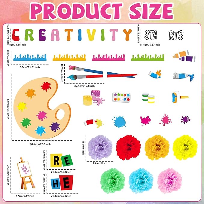 Art Paint Classroom Bulletin Board Decorations Artist Painting Cutouts with Paper Pom Poms Creativity Starts Here Cutouts for Student Teacher Wall Chalkboard Decor Back to School Supplies
