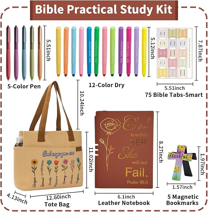 25 PCS Bible Study Supplies Kit, Large Capacity Canvas Tote Bag for Women Organizer, Bible Highlighters and Quick Dry Pens No Bleed Through Tabs, Christmas Christian Gifts for Women Mom Friends