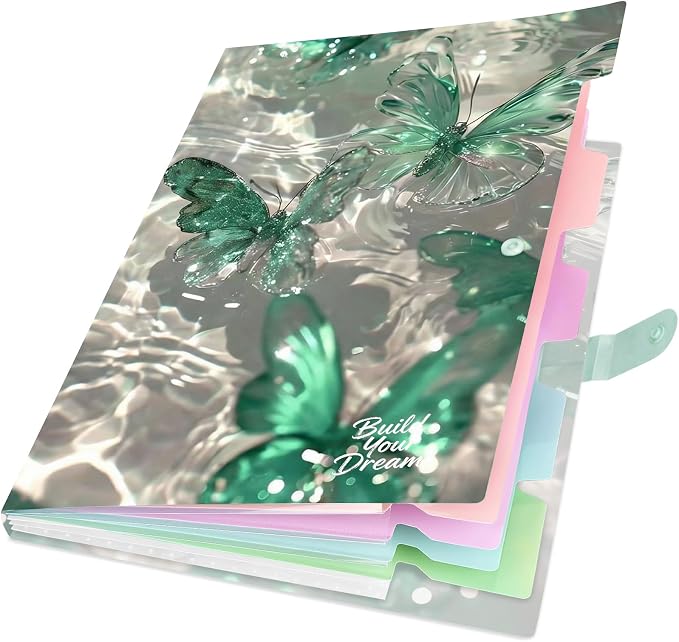 Cute Expanding File Folder - 5 Pockets Accordion Document Organizer, Waterproof Poly Plastic, A4/Letter Size for School Office Home - Butterfly Green