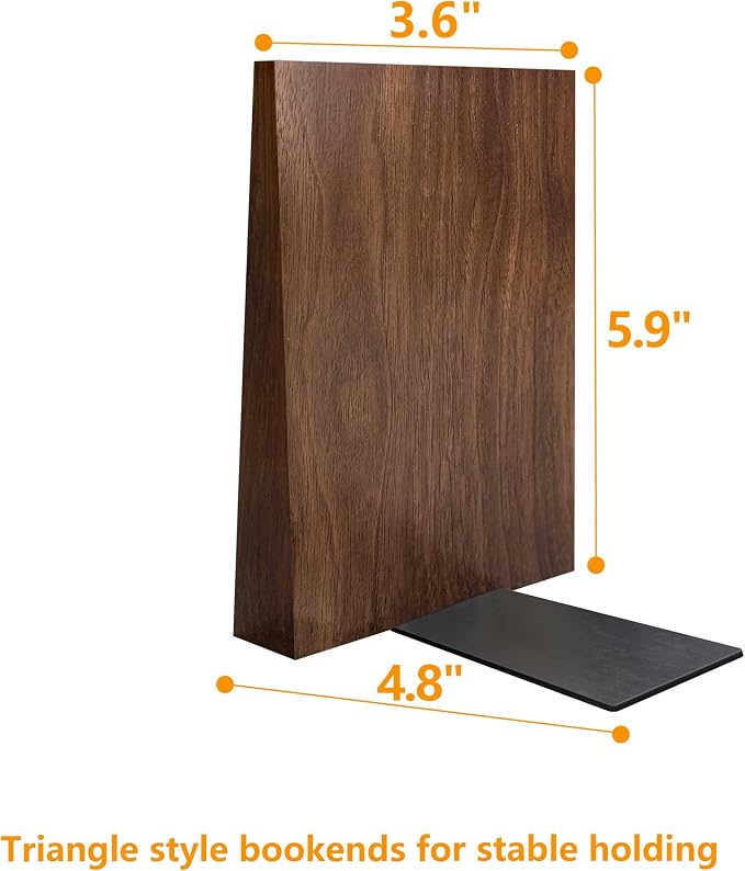 Luxdecor Walnut Book Ends Hold Heavy Books-6x5x4in Wood Bookends for Office Desk Non Skid, Decorative Walnut Bookend 2pack, Triangle Style