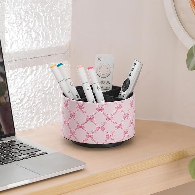 Cute Rotating Table Remote Control Holder, 360 Spinning PU Leather Remote Organizer and Makeup Brush Holder, Aesthetic Room Decor Storage Caddy for Nightstand, Pink Bow PH131