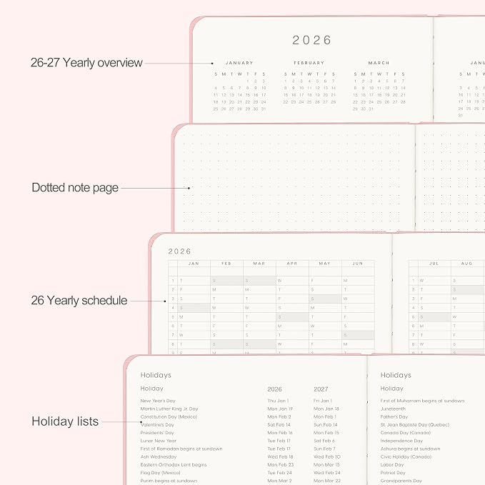 And Per Se 2026 Planner-Daily, Weekly & Monthly Leather Hardcover Planner, 5.7" x 8", Daily Schedule, 100 GSM Thick Paper, Back Pocket(Pink)