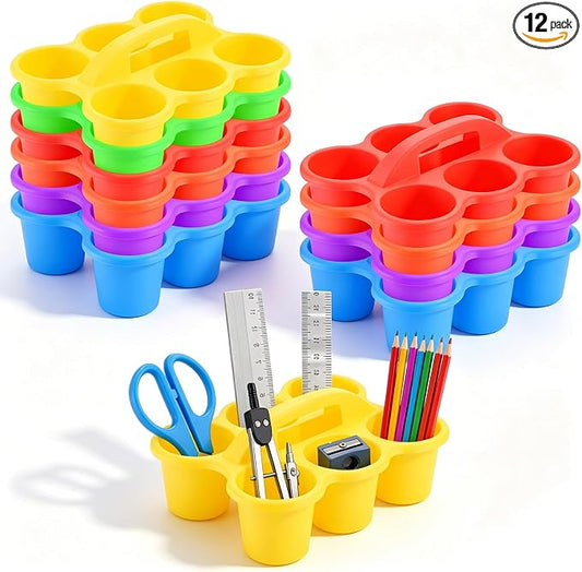 VZZNN 12 Pack Stackable Classroom Caddy Storage Basket with Handle - Fashion Classroom Storage Bins (Rainbow Colors) for Supplies Keep Desks and Work Stations Organized