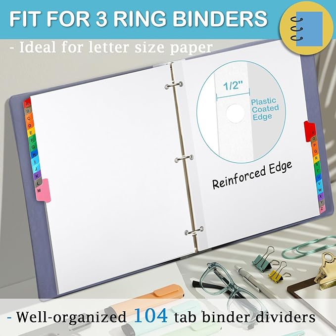 Alphabet Binder Dividers for 3 Ring Binder, COIDEA A-Z Dividers for 3 Ring Binder, Multicolor A-Z Binder Dividers with Customizable Table of Contents Page, ABC Alphabet Tabs for School Office (104)
