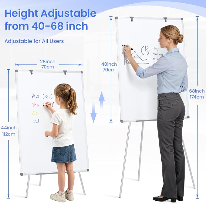 MAKELLO White Board with Stand, Portable Whiteboard Easel 40x28 in for Office Classroom Home School, Adjustable Height, Aluminum Frame