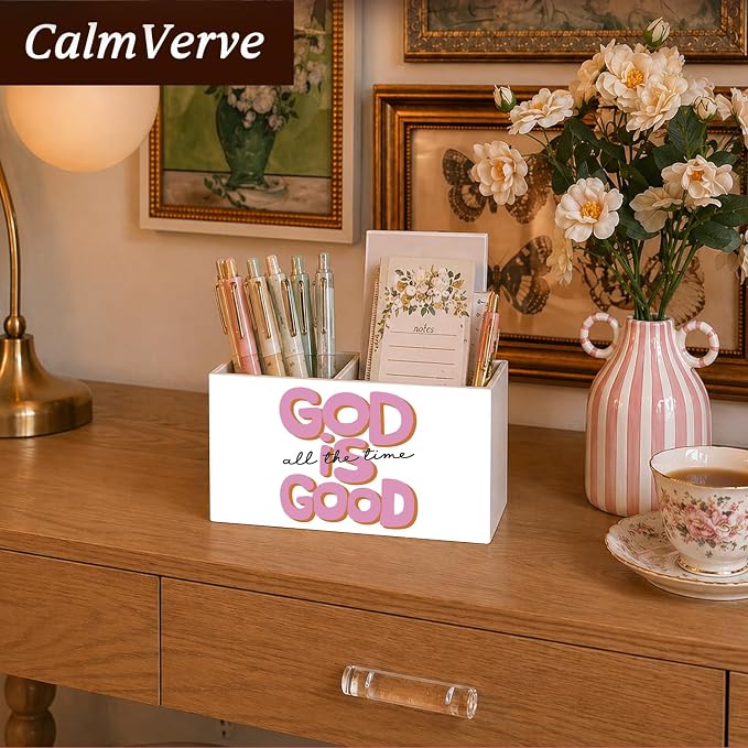 Christian Pen Pencil Holder for Desk Christian Gifts for Women Girls, God is Good All the Time Bible Verse Pencil Holders Wooden Box Organizer for Home Office Bedroom Desk Tabletop