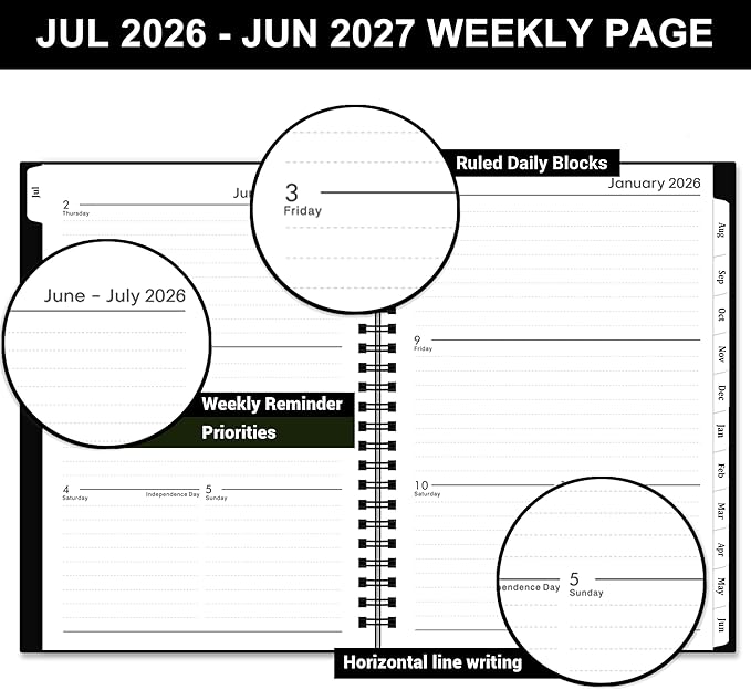 Planner 2026-2027 - Academic Planner 2026-2027, July 2026 - June 2027, 6.3” x 8.4”, Weekly and Monthly Planner, 12 Monthly Tabs, Flexible PP Cover, Inner Pocket, Notes Pages, Holidays - Classical