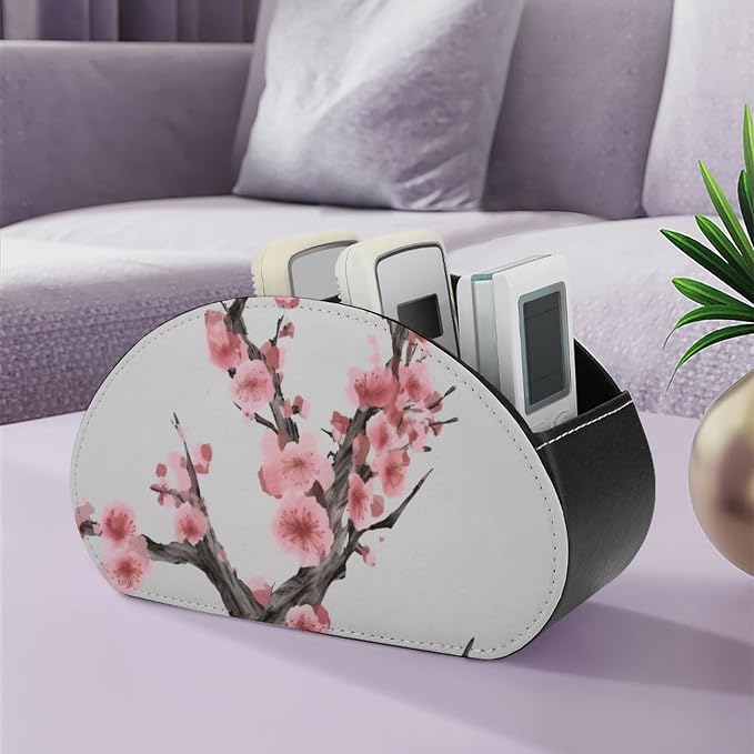 Cherry Blossom Tree Branch Remote Control Holder TV Remote Caddy with 5 Compartments PU Leather Storage Box Stylish Desk Organizer for TV/DVD/Accessories Desk Office Supplies Home
