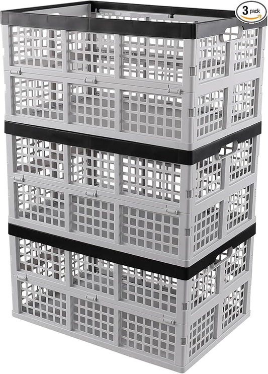 42 L Folding Stackable Storage Crates, Plastic Collapsible Storage Basket, 3 Packs