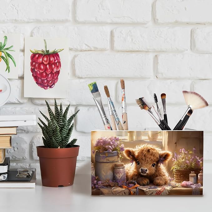 Lavender Highland Cow Pen Holder for Desk, Highland Cow Gifts for Women Pencil Organizer, Farmhouse Rustic Heifer Wooden Box Sign Desk Decor for Girl Nursery Home Office Decoration