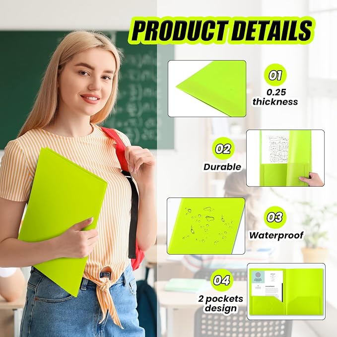 Gueevin 72 Pack Plastic Folder with Pockets, 2 Pocket Folders, Plastic Glossy Folders Fit Letter Size Paper, Heavy Duty Durable File Folder with Business Card for Home Office School (Lime Green)