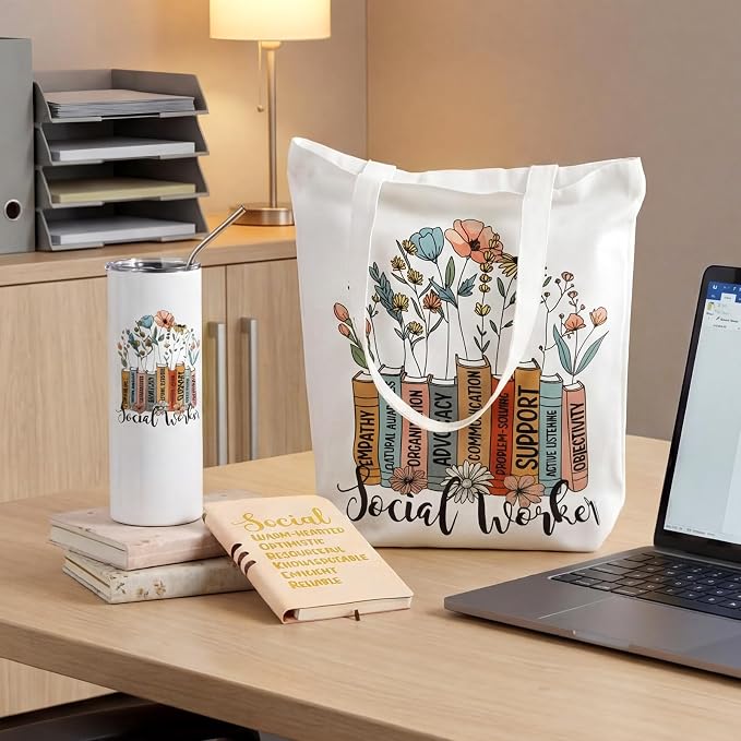 Fuutreo 3 Pcs Social Worker Appreciation Gift for Women Include 20 oz Tumbler Cup Canvas Tote Bag Leather Journal Thank You Gifts for Teacher Coworker Volunteer BSW MSW DSW Graduation Party Favors