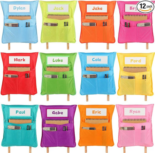 12pcs for Classroom 16.3x19.7inch Classroom Chair Pockets with Name Tag 3 Pockets Chair Organizer for Teacher Student School Office(Rainbow)