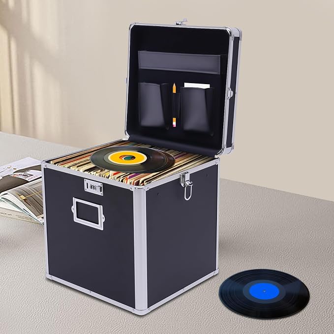 Record Storage Box, 50 Album Holder Locking Storage Box, Briefcase Security Lock Box for Personal Items Cash Laptop