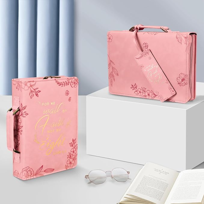 FINPAC Large Classic Bible Cover Vegan Leather Carrying Book Case Church Bag Bible Protective with Handle, Gift for Women, Mother, Friends, Pink