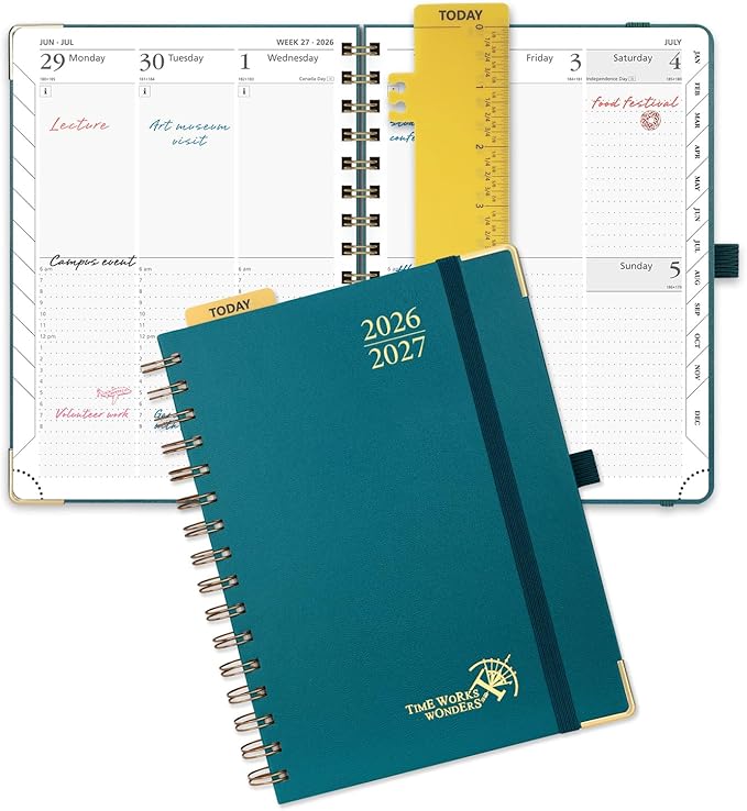 POPRUN 2026-2027 Academic Year Weekly and Monthly Planner Calendar,Jul 2026 - Jun 2027，6.25" x 8.5",Daily Agenda Book & Appointment Book with Hourly Schedule, Tabs, Hardcover, School and Office Supplies - Pacific Green