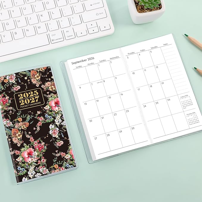 Phyxin 2026 Pocket Calendar, Two Year Pocket Planner - Runs From Sep 2025 Until Dec 2027, Small Planner - 6.7" x 3.7", Small Calendar for Women, Students, Black Flowers