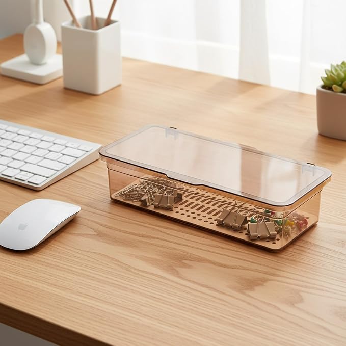 Desktop Storage Box with Sliding Lid, Clear PP Plastic Organizer for Office Supplies, Vanity Essentials, and Kitchen Countertops, Brown, 10.6 x 4.5 x 2.8 Inches