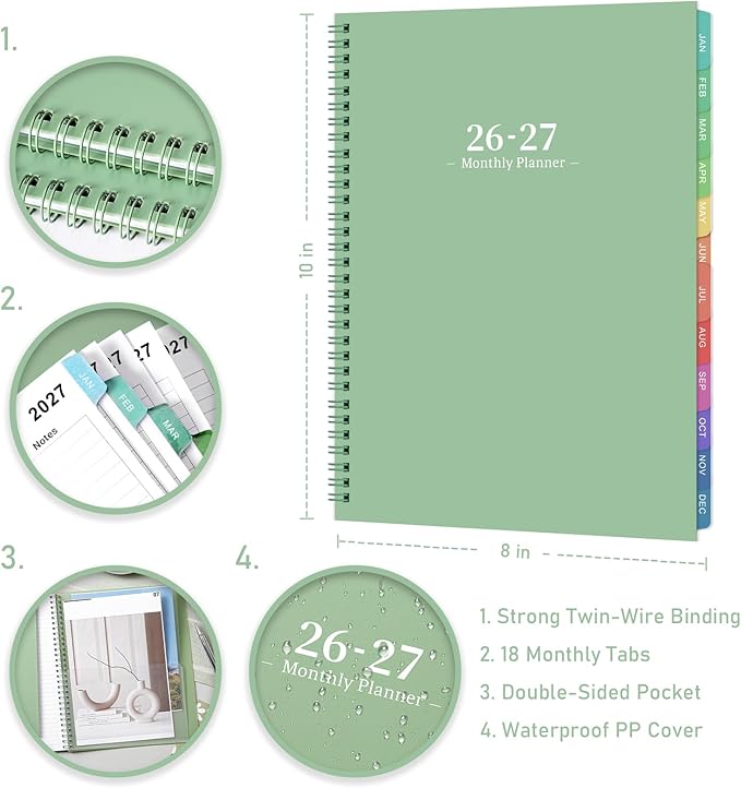 2026-2027 Monthly Planner/Calendar - Academic Planner 2026-2027, JUL 2026- DEC 2027, Planners with Colorful Tabs, Monthly Planners 26-27 for Daily Organizing - Waterproof Cover (8" x10", Note Pages, Green)