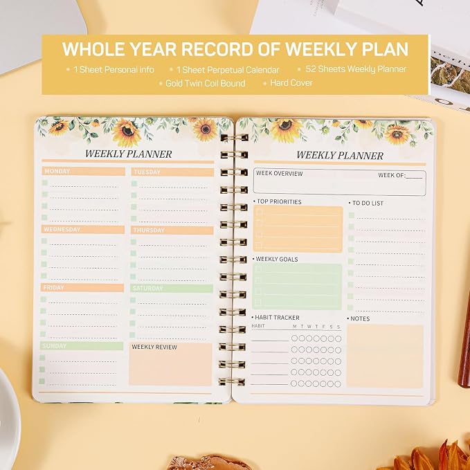 Sunflower Weekly Planner Hardcover - 52 Weeks Undated Daily Schedule Organizer with Personal Info Page & Perpetual Calendar, Floral Planning Notebook Gift for Women & Students, Office Home Planning