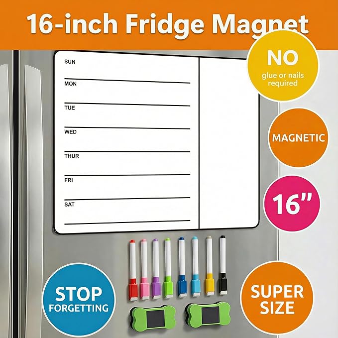 Li&Zhao Weekly Magnetic Menu Board for Refrigerator - 16x12 in Weekly Menu Board Fridge Calendar with 8 Color Markers - Magnetic Menu Board for Fridge for Meal Planning, Family Schedule Organizer