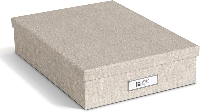 Bigso Oskar Fiberboard Label Frame Document Letter Box for Important Paperwork A4 or Letter Size - Durable Keepsake Box with Lid and Metal Label Holder - 3.3in x 10.2in x 13.8in - Melange Beige