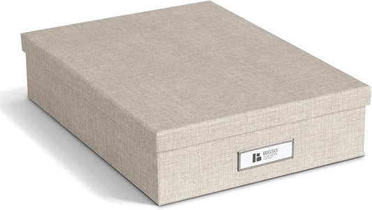Bigso Oskar Fiberboard Label Frame Document Letter Box for Important Paperwork A4 or Letter Size - Durable Keepsake Box with Lid and Metal Label Holder - 3.3in x 10.2in x 13.8in - Melange Beige