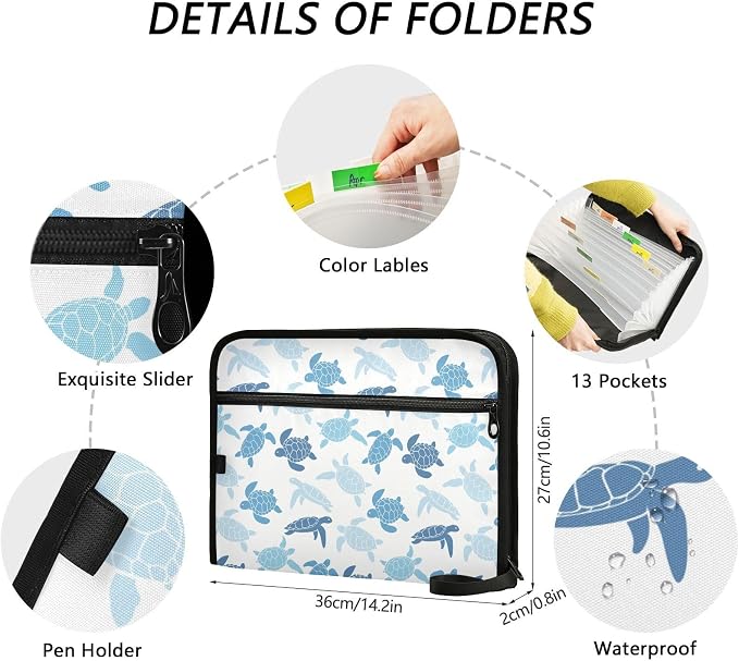 Blue Cute Turtle File Folders, Plastic Folders with 13 Pockets, Expandable File Folder for Documents School Students Office, Aesthetic Folder with Labels A4 Letter Size
