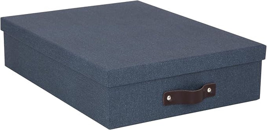 Bigso Oskar Canvas Fiberboard Document Letter Box - File Organizer Box for Important Paperwork - Document Storage with a Lid & Leather Handle - 3.3 in x 10.2 in x 13.8 in - Blue