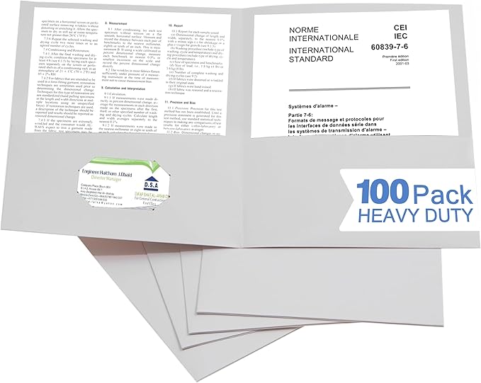 Zzrywuty 100 Packs Two Pocket File Folders with Business Card Slot,Textured Paper,Letter Size,Holds 100 Sheets for School,Office,Business,White