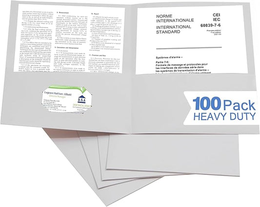 Zzrywuty 100 Packs Two Pocket File Folders with Business Card Slot,Textured Paper,Letter Size,Holds 100 Sheets for School,Office,Business,White