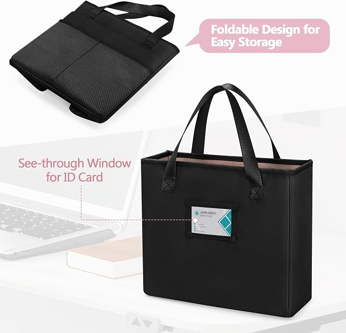 File Folder Tote Bag with Handle, Portable Document Organizer Box for Letter Size File Folder, Folding File Case for Home Office, Black, Large