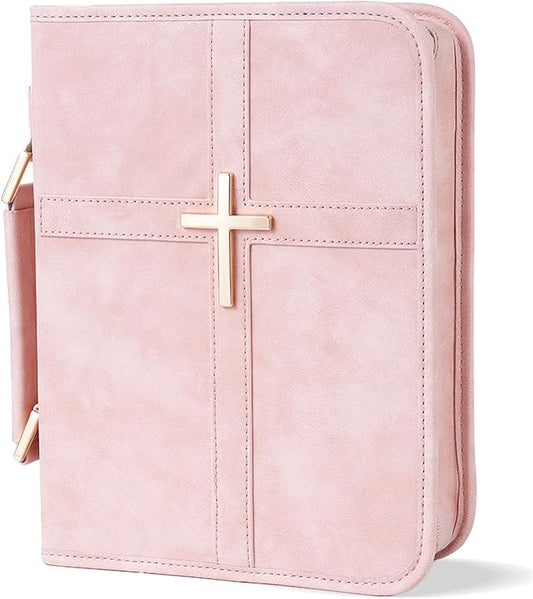 Vegan Leather Bible Cover Case, Bible Bag with Phone Pocket, Bible Case for Women, Christian Gift Box Packaging (Pink)