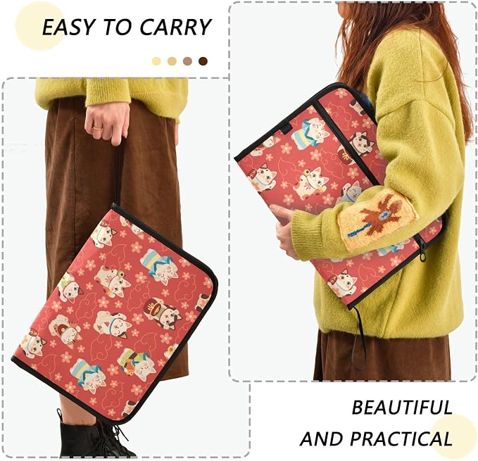 13 Pockets Expanding File Folder Japanese Maneki Cats Red with Sticky Labels Accordion File Folder Document Organizer Letter Size A4 Papers Expandable File Keeper