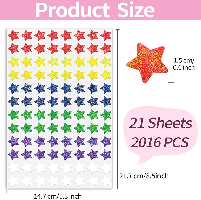 0.6 Inch Shiny Star Stickers,2016 Holographic Rainbow Small Star Stickers for Kids Reward, Behavior Chart, Student Planner and School Classroom Teacher Supplies