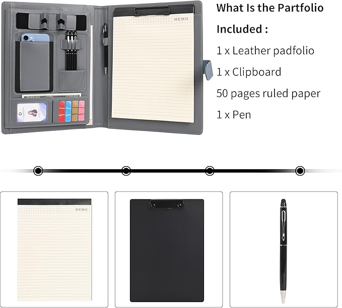 Wason Portfolio Padfolio A4 Leather PU Folder File Document Holder Case with Writing Pad Removable Clipboard Card Stationary Case Phone Tablet Stand for Organizer Office Travel School (Blue)