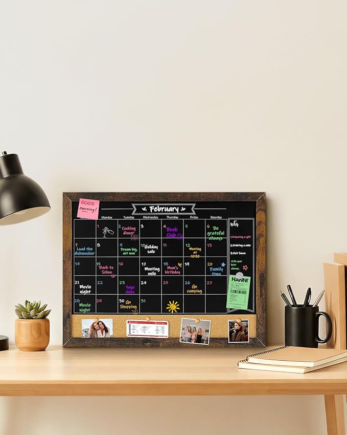 TORASO Magnetic Chalkboard Calendar Corkboard, Small Combination Chalk Board Bulletin Board, 13" x 17",Walnut Brown Framed Blackboard Calendar Cork Combo Board(ZHHB-BN-3343)