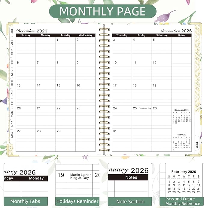 2026 Monthly Planner, Jan.2026 - Dec.2026 Weekly Monthly Planner 6.25"x8.5" with Page Tabs, Calendar Hardcover with Inner Pocket, Elastic Band, Twin-Wire Binding, Bookmark, Colored Flower