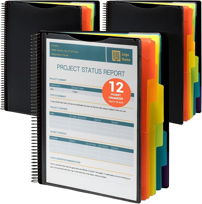 Mukawa 12 Pocket Poly Project Organizer, Spiral Project Folder Multi Pocket Folder Binder Letter Size, Back Cover Utility Pouch, 1/6 Cut Tabs, 6 Tab Color Dividers (Pack of 3)