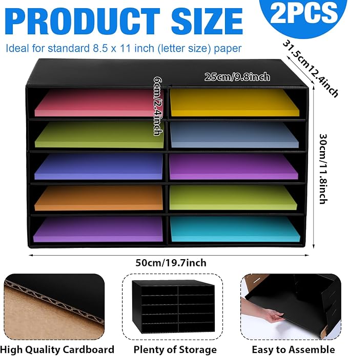 Fuutreo 2 Pcs Construction Paper Storage, Classroom Mailboxe, Back to School Literature Sorter, Sturdy Cardboard Paper Organizer for Teacher, Student, Office, 29.5" x 14.2" x 12.4"(10 Slots,Black)