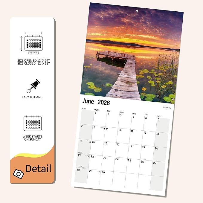 Wall Calendar 2026 Planner Calendar - Serenity Jetty Hangable Monthly Wall Calendar with Large Blocks for Organizing & Planning, Academic Schedule, Home, Office & family, Thick & Sturdy Paper (12"x24" Open)