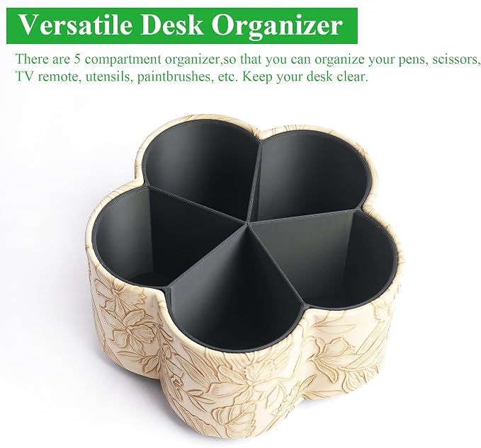 Flower Shaped Leather Art Supply Organizer,Remote Control Holder,360 Degree Spinning,Multi-Functional Pencil Holder,5 Compartments Desktop Stationary Organizer(1-Flower Apricot)