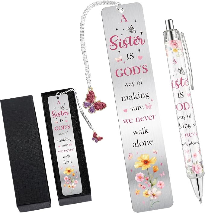 Sisters Gifts from Sister, Cute Pink Bookmark and Pen Gift Set, Floral Metal Book Mark with Butterfly Charm, Christian Gifts for Women Girls, Birthday Valentine Christmas Stocking Stuffer