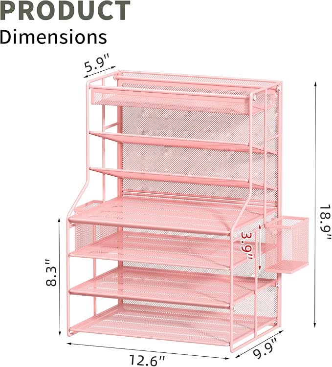 Pink 7 Tier Desk File Organizer, Letter Tray Paper Organizer with Pen Holder and Metal Hanging Basket, Adjustable Vertical Desk Organizer for Office Desk Accessories