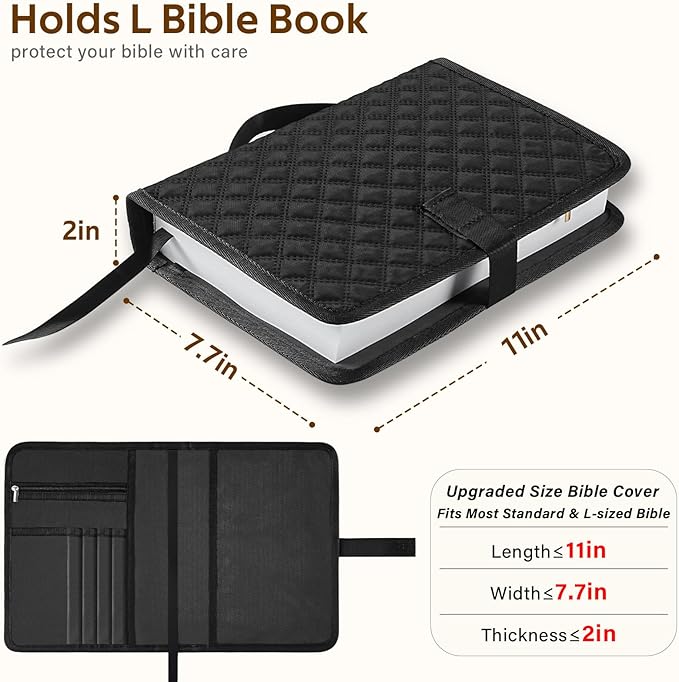 Large Bible Bag with Bible Cover for Women,Church Tote Bag with Shoulder Strap,Waterproof Bible Study Supplies,Bible Accessories for Christian Gift,Quilted Tote Bag for Men/Women,Black